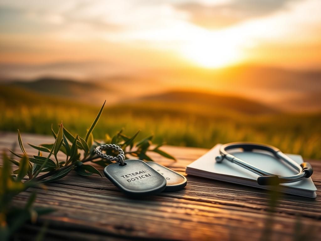 Flick International Worn military dog tags on a wooden table with green plants and a serene landscape at dawn