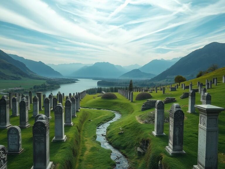 Flick International Aerial view of an ancient necropolis in Italy surrounded by the Alps