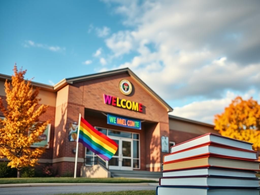 Flick International Colorful school building entrance highlighting inclusivity and diversity with a rainbow flag