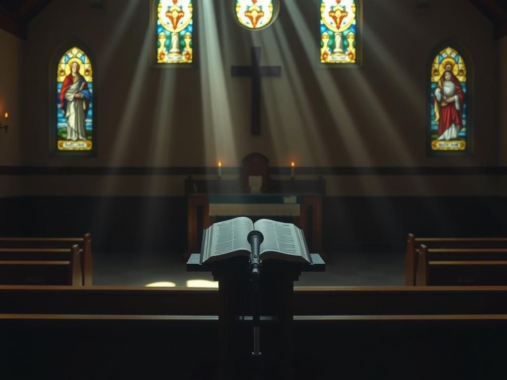 Flick International An empty chapel inside a Veterans Affairs hospital with sunlight filtering through stained glass windows