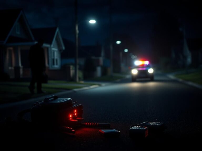 Flick International Dimly lit suburban street at night with a shadowy figure and open backpack containing a radio jamming device.