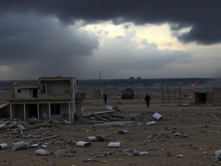 Flick International A stark landscape of Gaza with damaged buildings and debris, showcasing the aftermath of conflict.