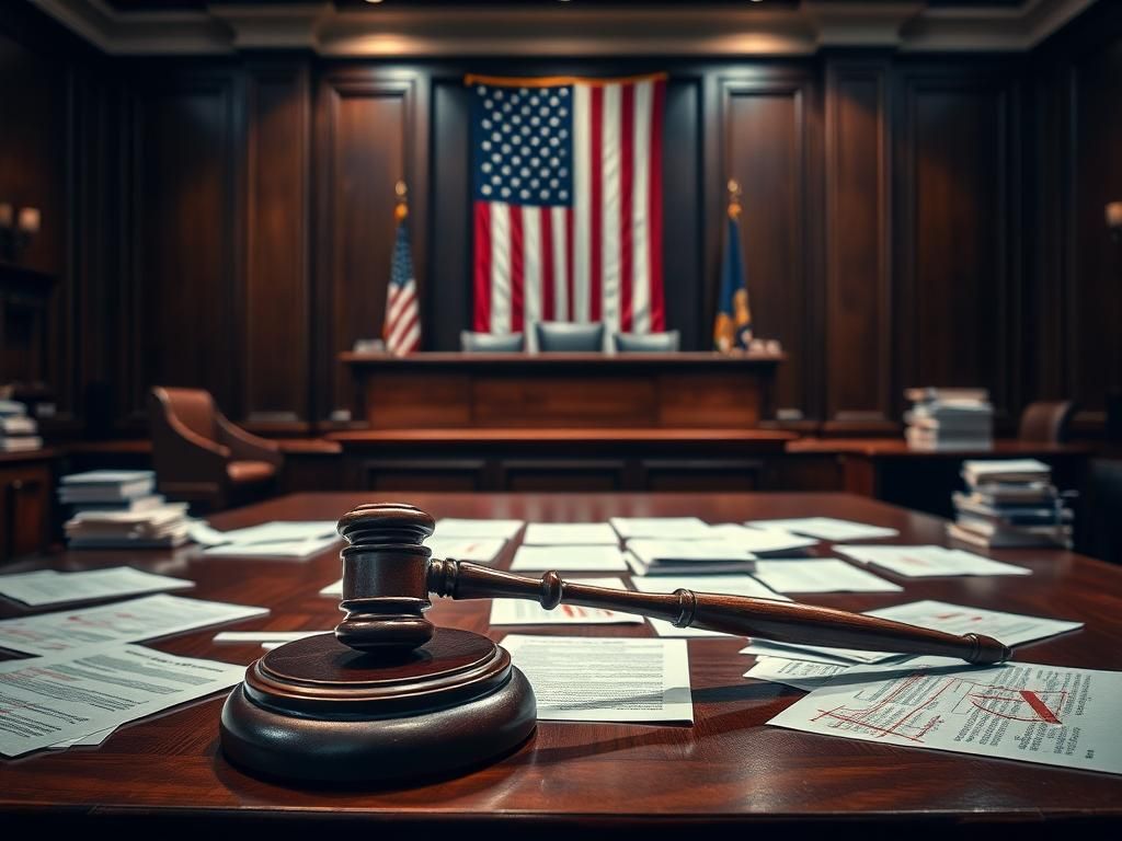 Flick International Courtroom scene depicting an empty jury box and trial documents on a polished wooden table