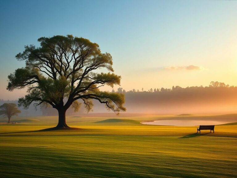 Flick International Serene golf course at dawn with oak tree and pond, symbolizing reflection and support.