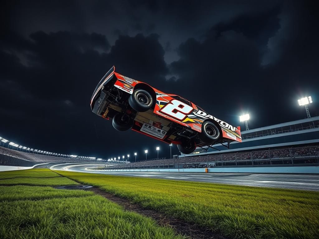 Flick International NASCAR car flying through the air at the Daytona 500 after a major wreck