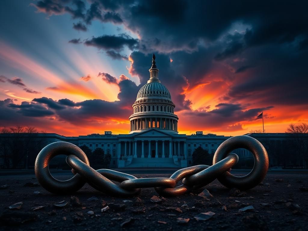 Flick International A dramatic depiction of the U.S. Capitol building under a twilight sky with broken chains symbolizing political independence.