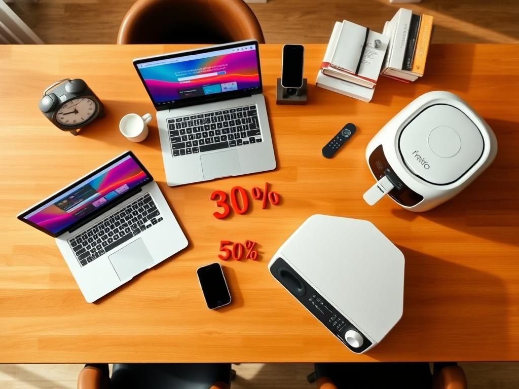 Flick International A flat lay of discounted electronics including a laptop, air fryer, and projector on a wooden table