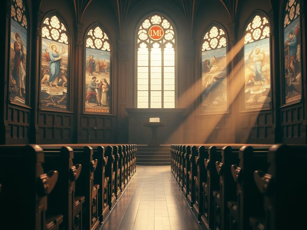 Flick International Dramatic scene of empty church with ornate pews and stained glass windows