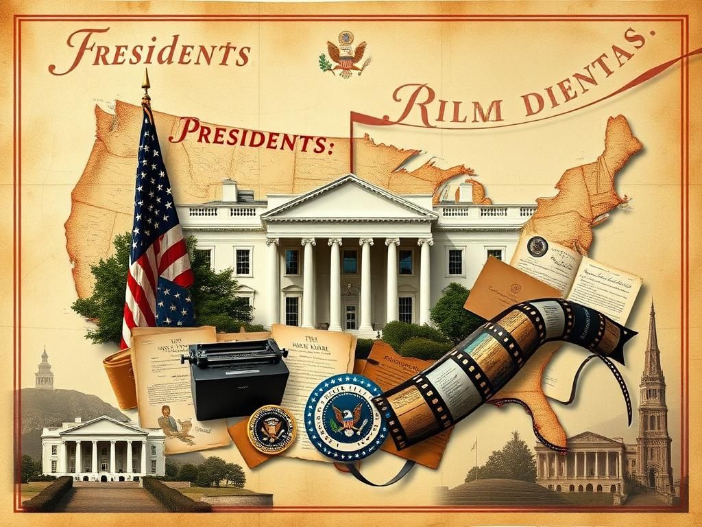 Flick International Artistic collage representing American presidential history with symbols like the White House, American flag, and vintage film reel