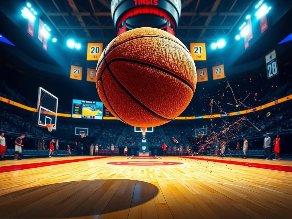 Flick International Stylized basketball hovering in mid-air on a vibrant court with bright arena lights