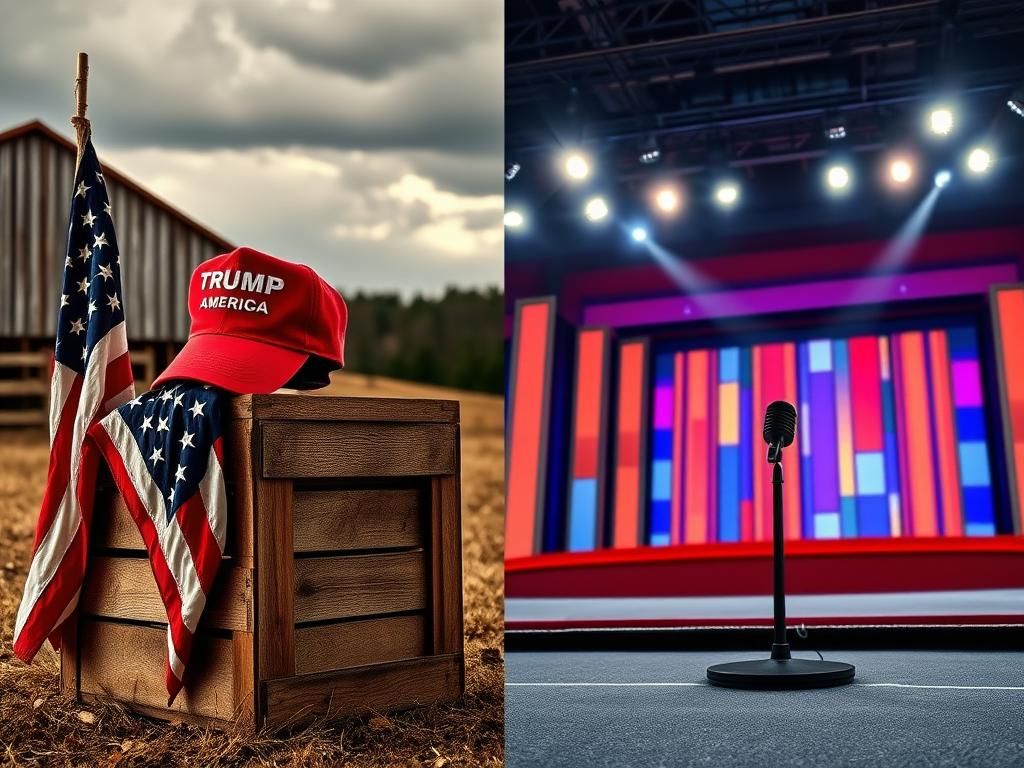 Flick International A split scene depicting political tension with contrasting environments featuring an American flag and a game show stage.