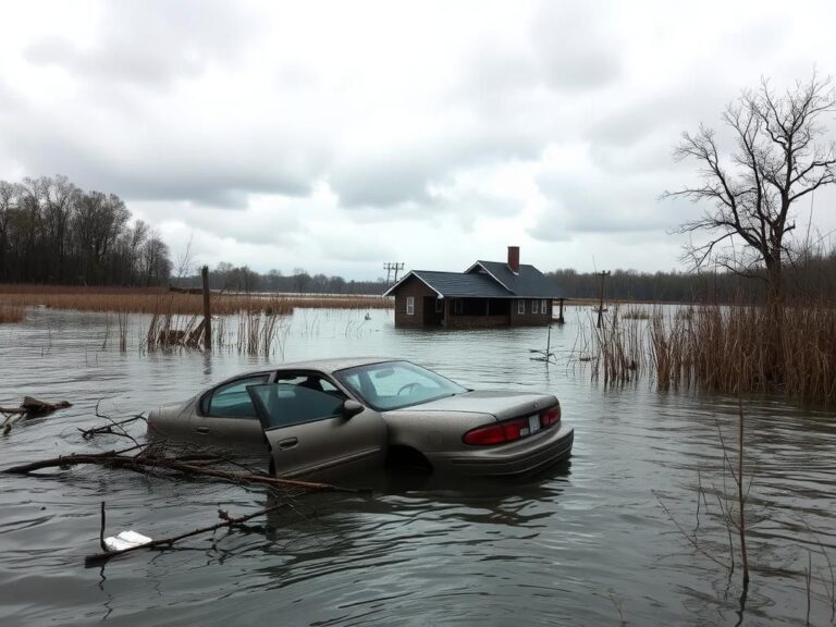 Flick International Rural Kentucky scene showing severe flooding with submerged vehicles and debris