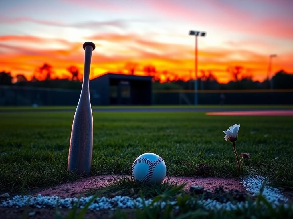 Flick International A serene baseball field at dusk with a weathered baseball bat and a blooming flower symbolizing resilience