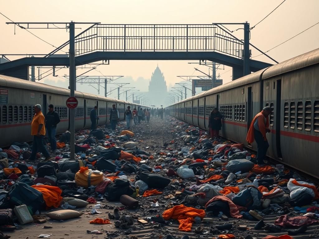 Flick International Abandoned personal belongings scattered on a railway platform in New Delhi after a tragic stampede during pilgrimage