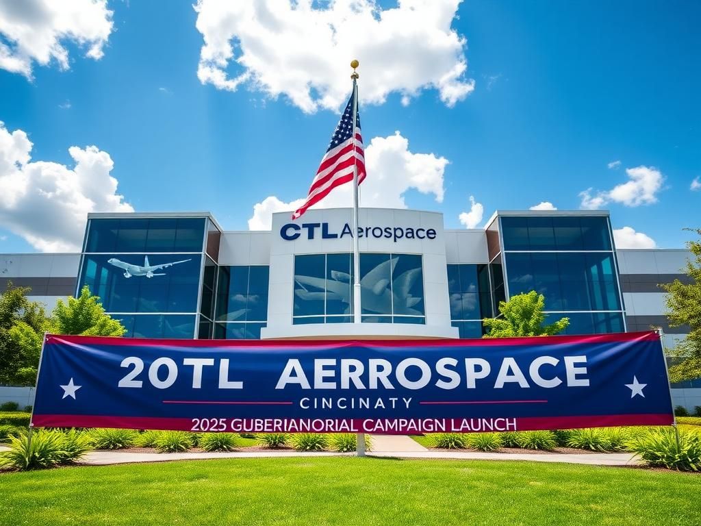 Flick International Exterior view of CTL Aerospace featuring a '2026 Gubernatorial Campaign Launch' banner.