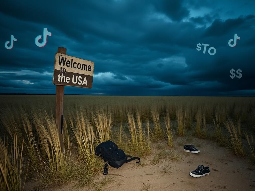 Flick International Desolate landscape of the northern U.S.-Canada border at dusk, featuring a weathered signpost and personal belongings.