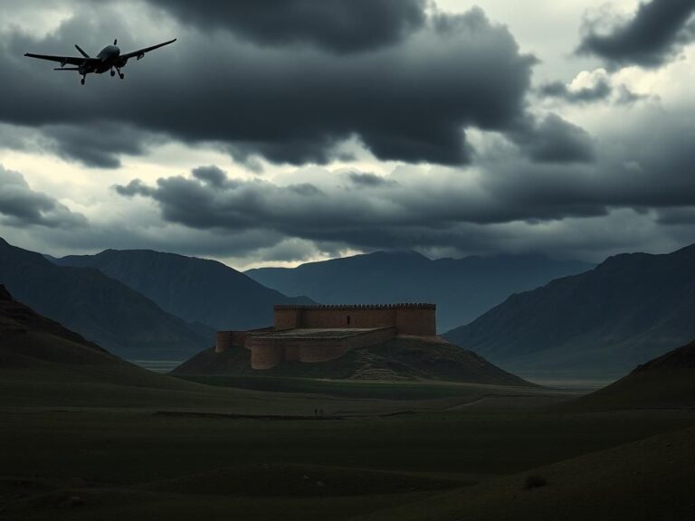 Flick International Dramatic landscape symbolizing Iran's nuclear ambitions with a fortress and overcast sky