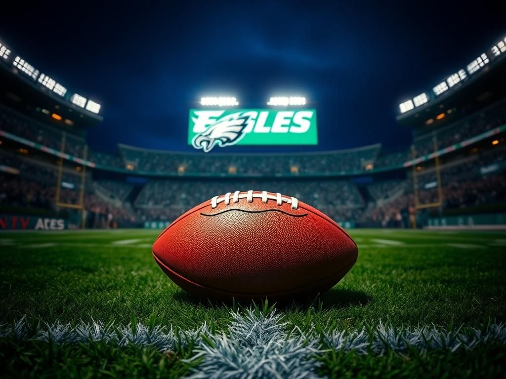 Flick International Close-up of a classic leather football on an illuminated Eagles football field