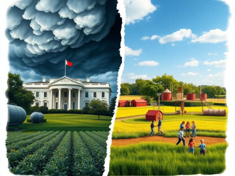 Flick International Artwork contrasting political discord with community resilience, featuring a chaotic White House scene and a peaceful rural landscape.