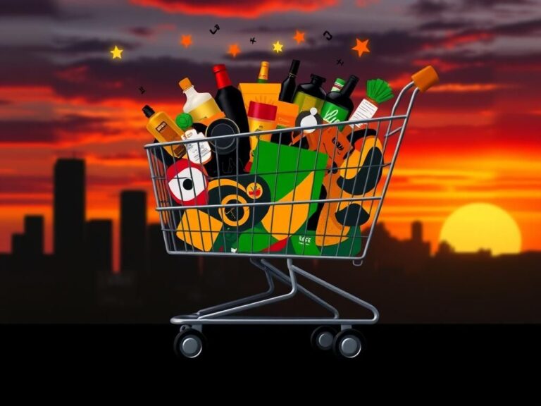 Flick International Abstract representation of economic power with a shopping cart filled with diverse products against a city skyline at sunset.