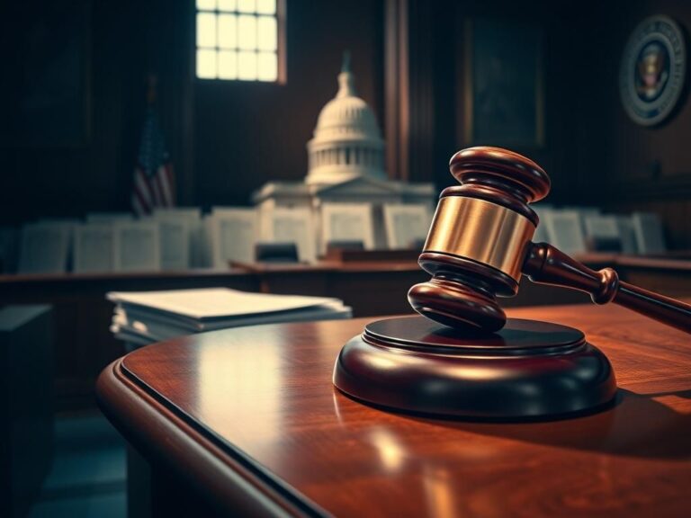 Flick International Large judicial gavel on a polished wooden bench in a courtroom