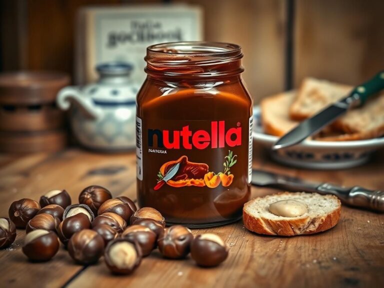 Flick International A jar of Nutella on a wooden table with hazelnuts and a slice of bread