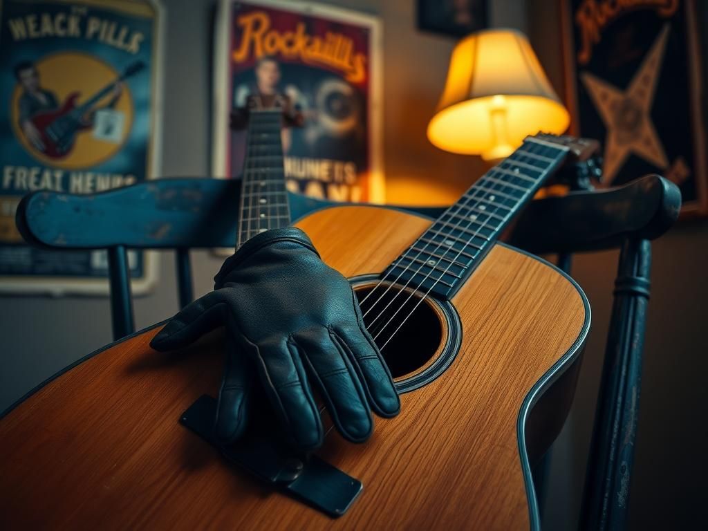 Flick International A close-up of an acoustic guitar with worn leather gloves, symbolizing a musician's struggle