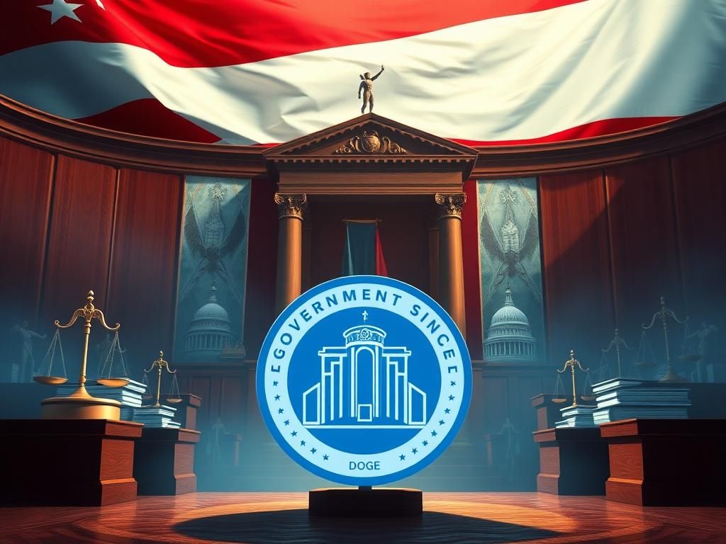 Flick International Digital artwork of a grand courtroom scene with legal symbols like gavel and scales of justice against a red, white, and blue backdrop