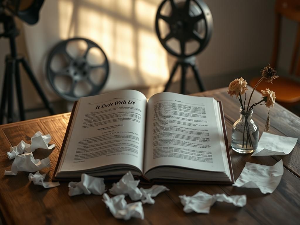 Flick International A script book titled 'It Ends With Us' on a vintage wooden table with blurred film equipment in the background