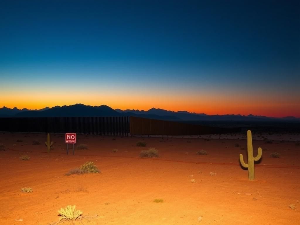 Flick International Vast empty stretch of the southern border landscape at dusk with a partially completed border wall