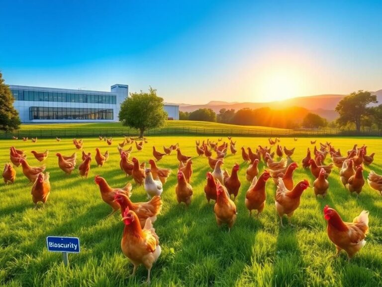 Flick International A flock of healthy chickens in a green pasture with a modern pharmaceutical facility in the background