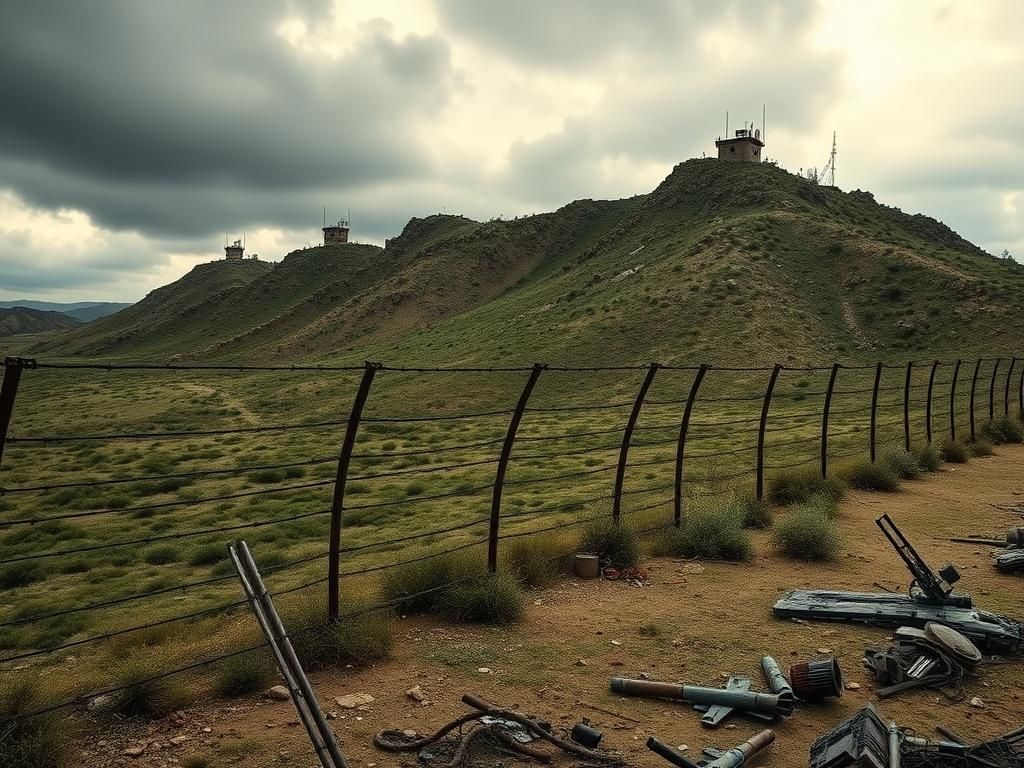 Flick International Dramatic landscape of the Israel-Lebanon border with barbed wire fence symbolizing division