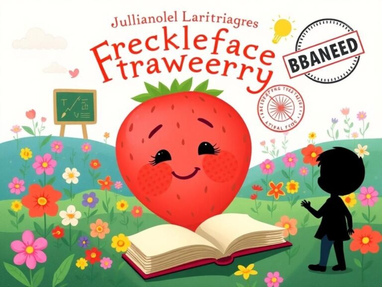 Flick International Illustration of a whimsical children's book cover featuring a friendly strawberry character in a colorful landscape.