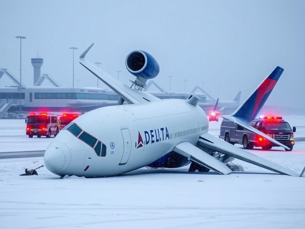 Flick International Delta Airlines aircraft flipped upside down on a snow-covered runway at Toronto Pearson Airport