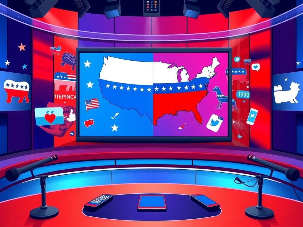 Flick International A vibrant digital illustration of a television studio set with a large screen of the United States surrounded by news headlines and social media icons.