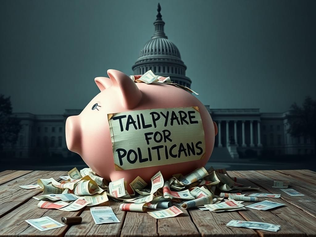 Flick International Conceptual image of a broken piggy bank labeled 'Taxpayer Dollars' in front of the U.S. Capitol Building, surrounded by political campaign materials