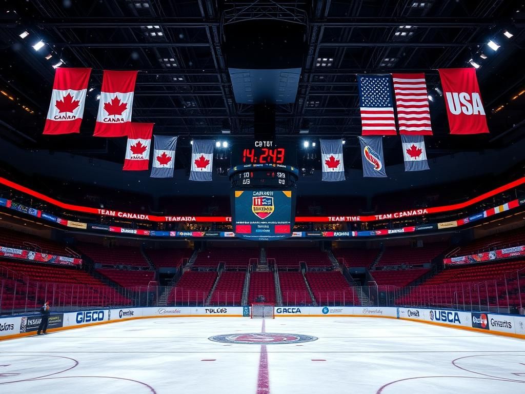 Flick International Dynamic ice hockey rink with illuminated arena showing Team Canada and Team USA banners