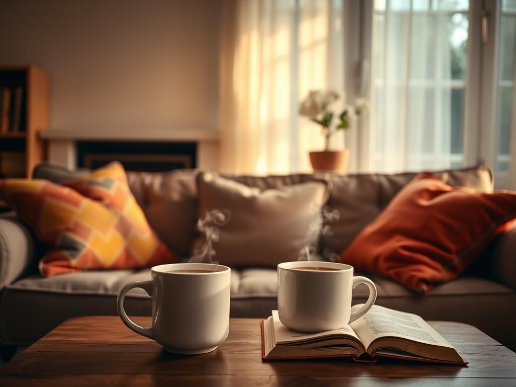 Flick International Cozy living room scene with warm lighting and colorful throw pillows