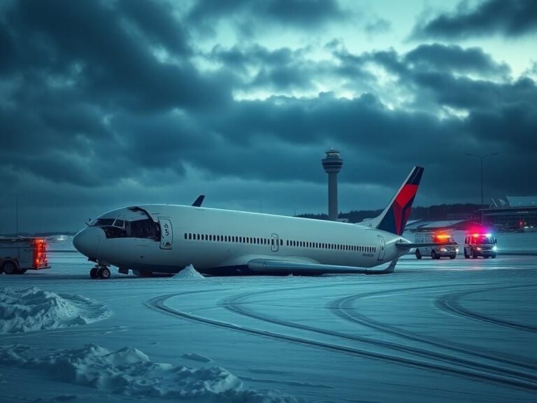 Flick International An overturned Delta Air Lines plane on a snowy runway at Toronto Pearson Airport