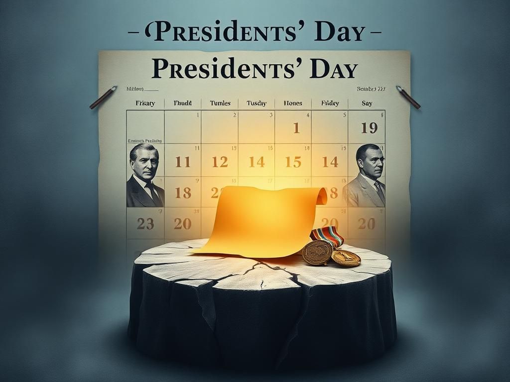 Flick International Abstract representation of a calendar marked 'Presidents' Day' with blurred portraits of U.S. presidents and a cracked pedestal symbolizing democracy.