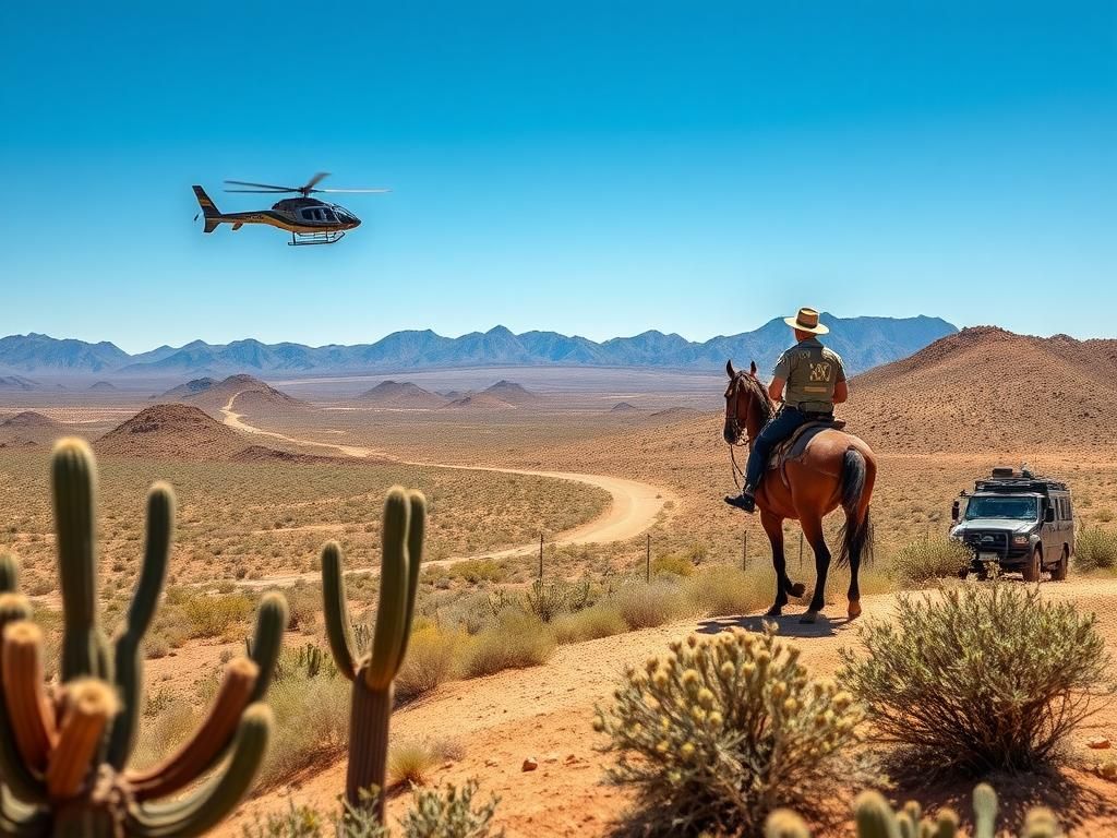 Flick International Aerial view of the U.S.-Mexico border featuring a helicopter and horseback rider.