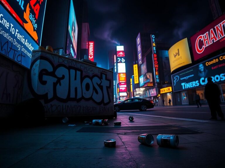 Flick International Dark depiction of Times Square at night with graffiti and scattered items suggesting a drug operation