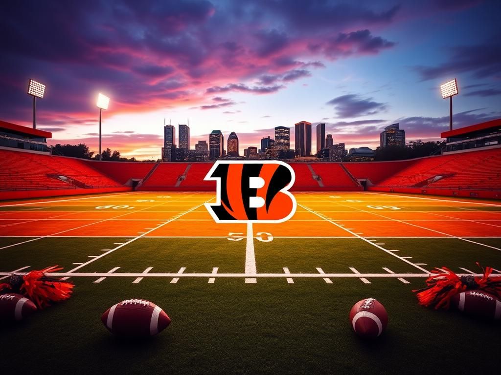 Flick International Empty football stadium at dusk with Cincinnati Bengals colors and franchise tag symbol