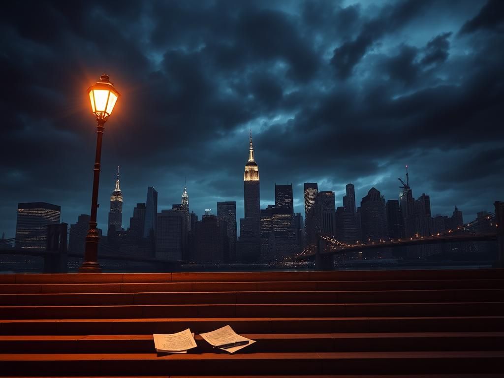 Flick International Dark city skyline at night with NYC landmarks against a stormy sky