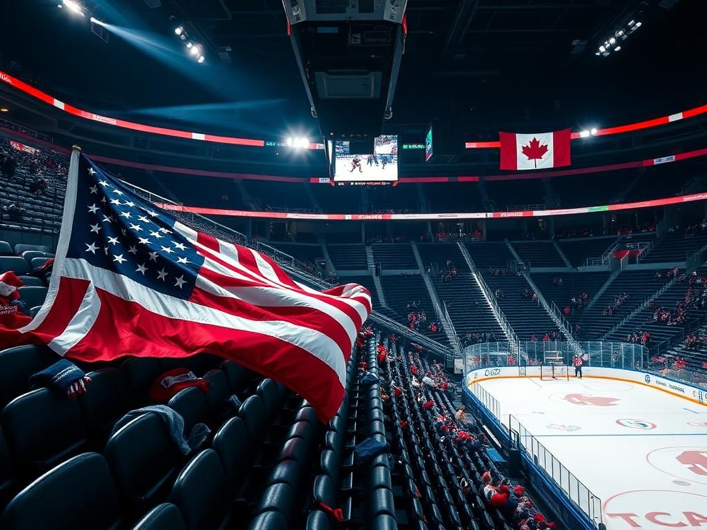 Flick International Stadium view showcasing empty seats with American and Canadian flags during an intense hockey atmosphere