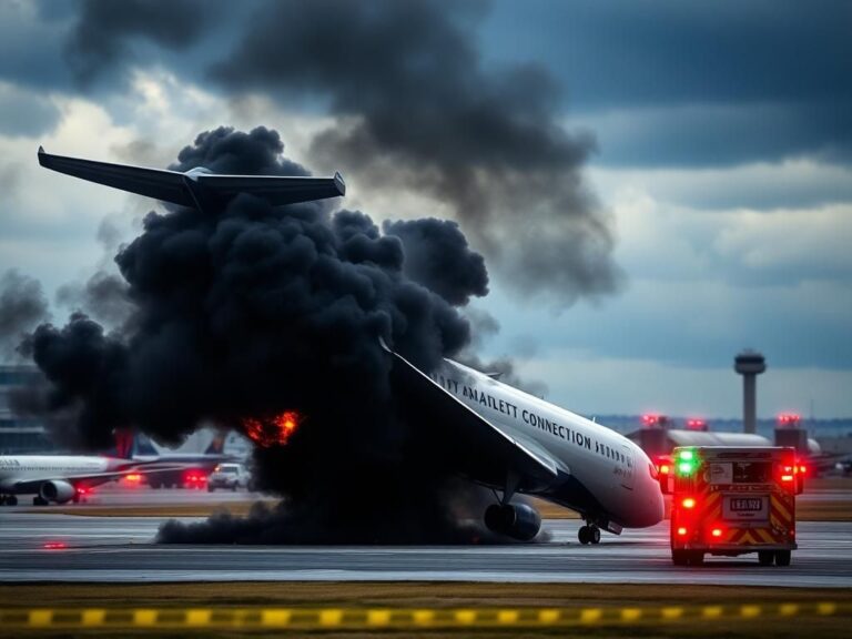 Flick International Delta Connection CRJ-900 jet upside down on Toronto runway surrounded by emergency vehicles