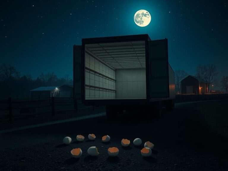 Flick International Nighttime scene at an organic farm depicting a large distribution trailer with broken egg shells on the ground