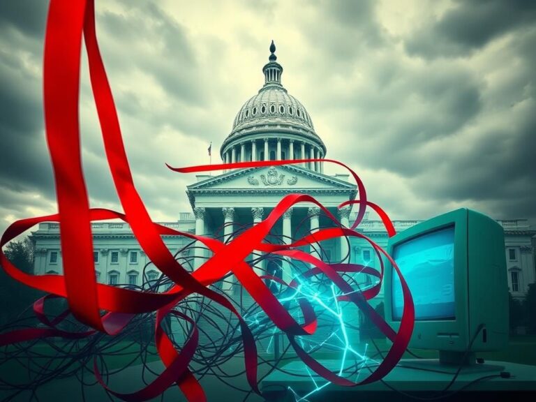 Flick International Abstract representation of a government building with red tape and digital data streams