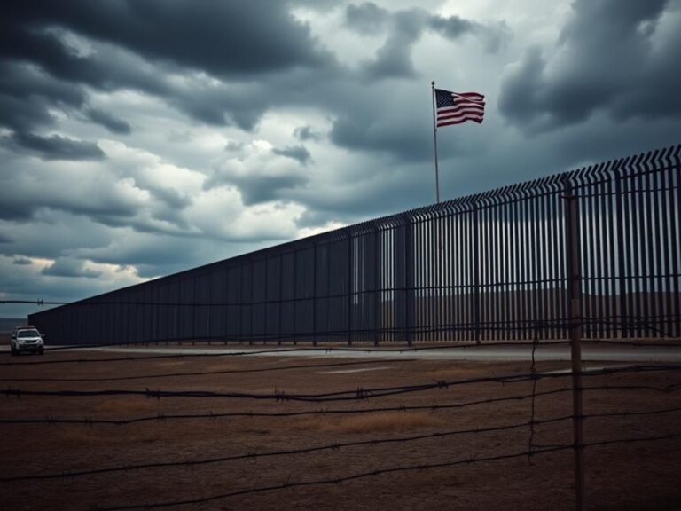 Flick International Stark border wall under stormy sky emphasizing immigration enforcement