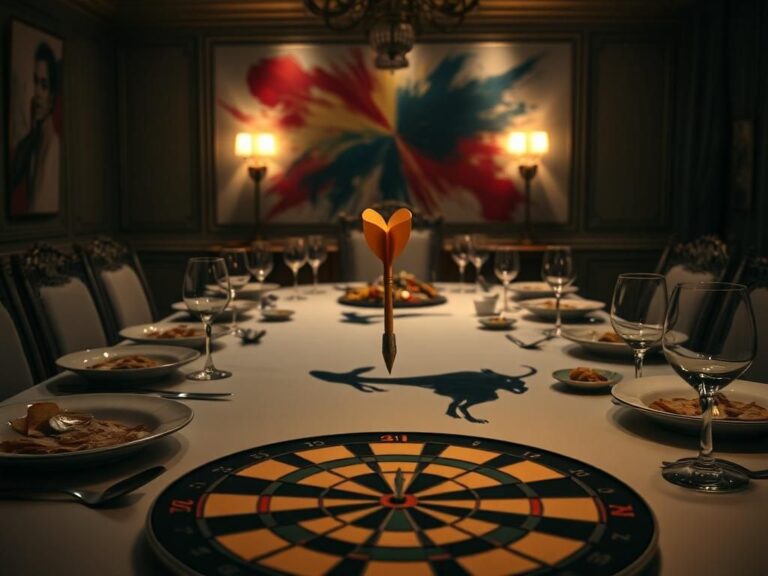 Flick International Luxurious dining room with gourmet food and a dartboard symbolizing political tension